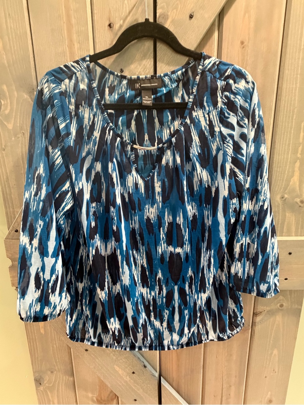 INC International Concepts XL Blue Abstract Print Keyhole Blouse 3/4 Sleeve